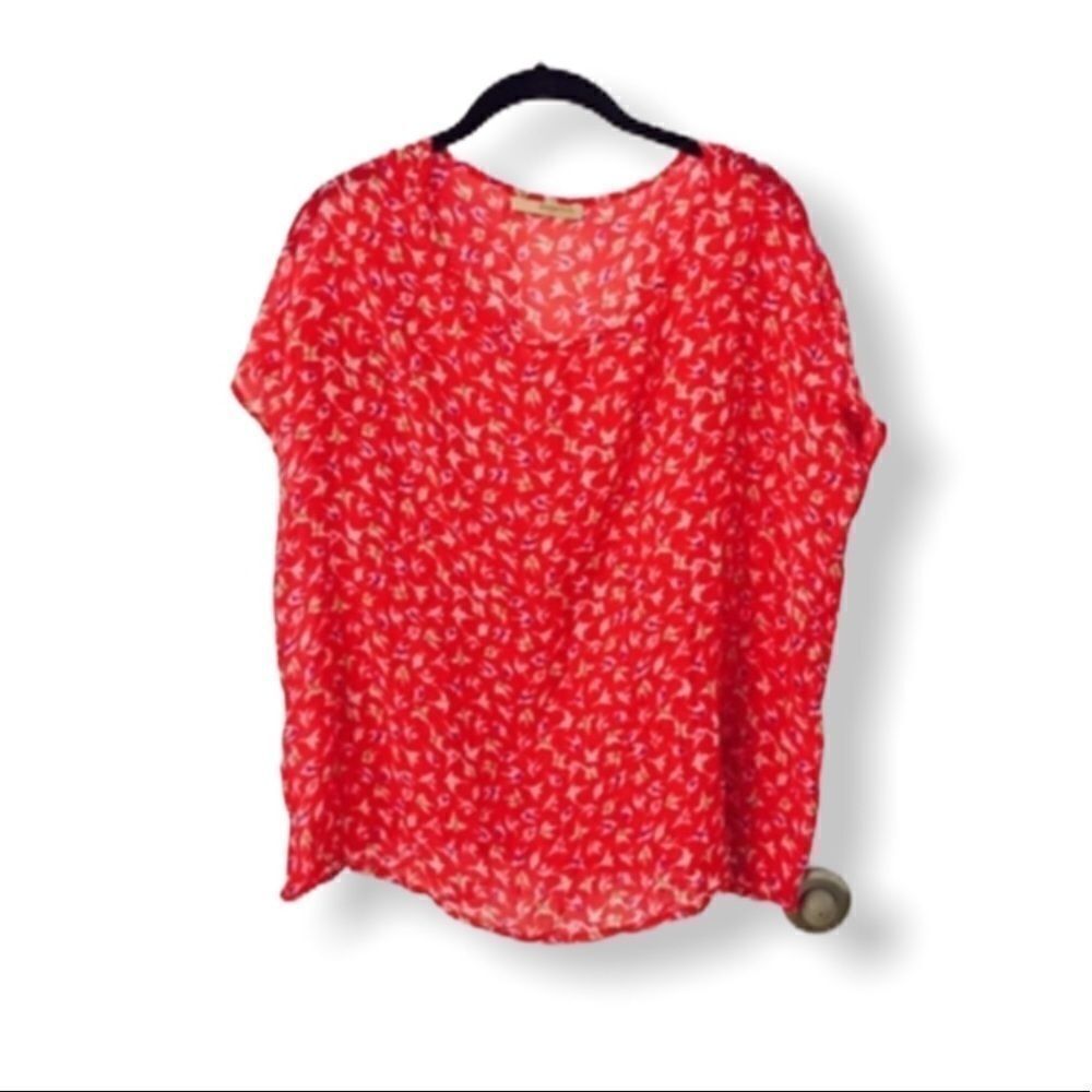 Leonard St. Red Silk Sheer Oversized Bird Print Blouse – Size M (Fits S–L)